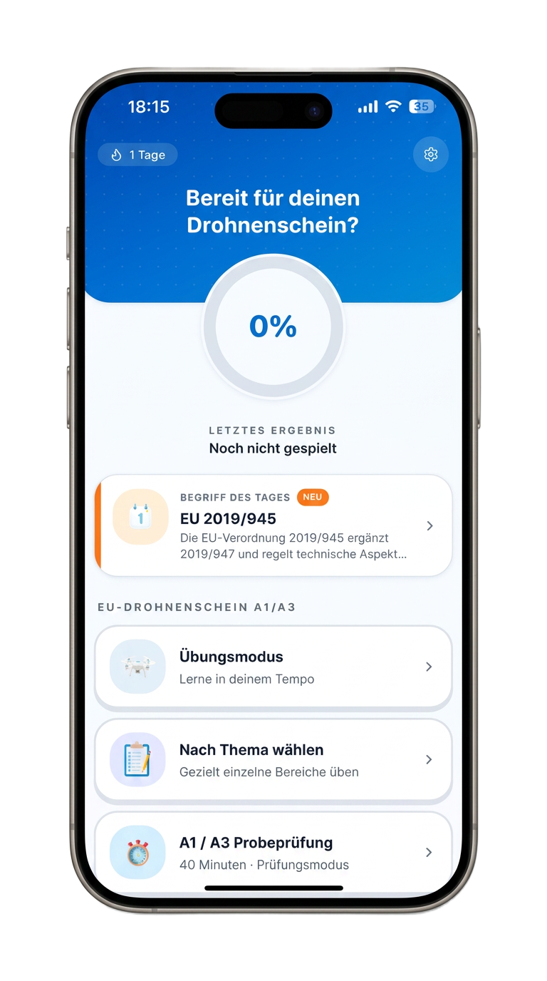 DroneAce App auf iPhone — Quizfrage zur Flughöhe