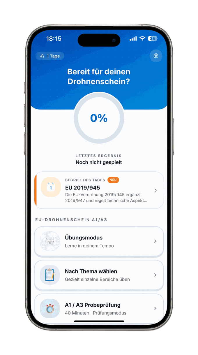 DroneAce App auf iPhone — Quizfrage zur Flughöhe